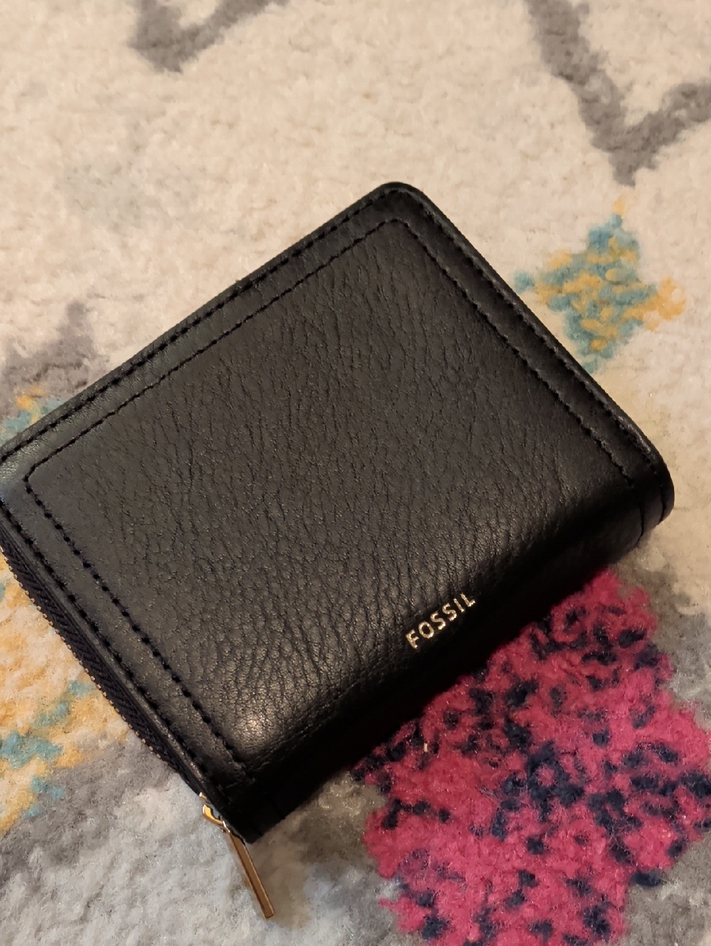 Fossil Black Leather Zip Card Holder with Gold Logo